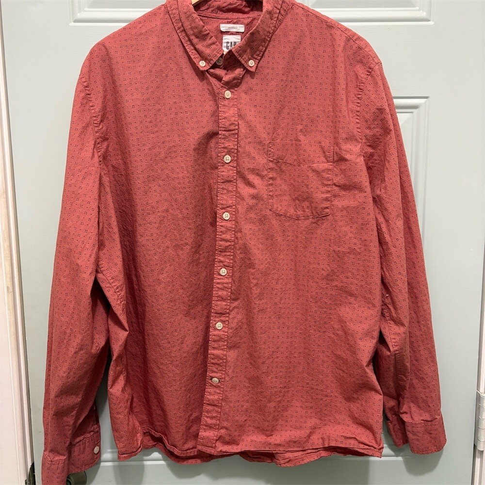 Gap Untucked Men's Button-Up Shirt 2XL Orange Micro Print Long Sleeve